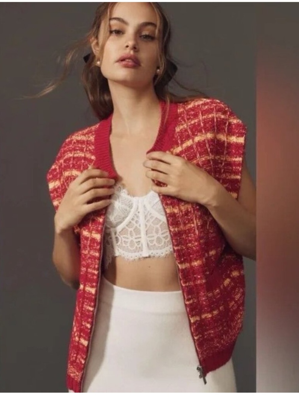 NWT Maeve size XS Red Tweed Zip-Front Cardigan Vest
